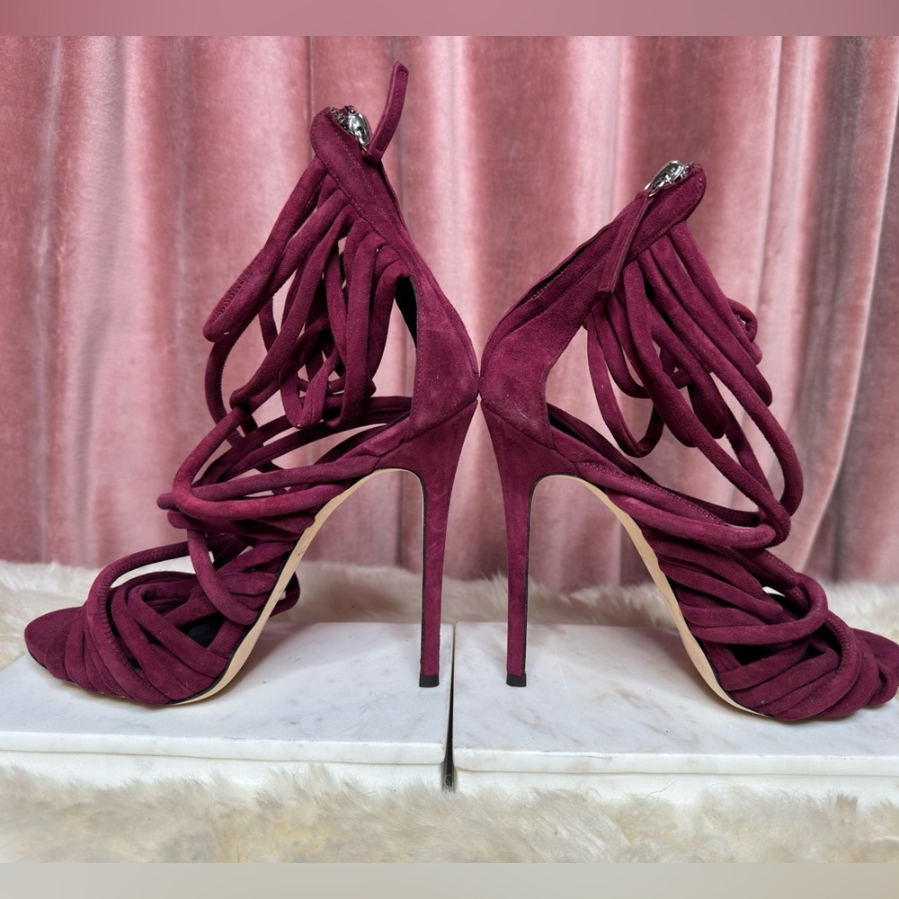 Giuseppe Zanotti Strappy Suede Burgundy Sandal Heel EU Size 38 - Picture 7 of 8